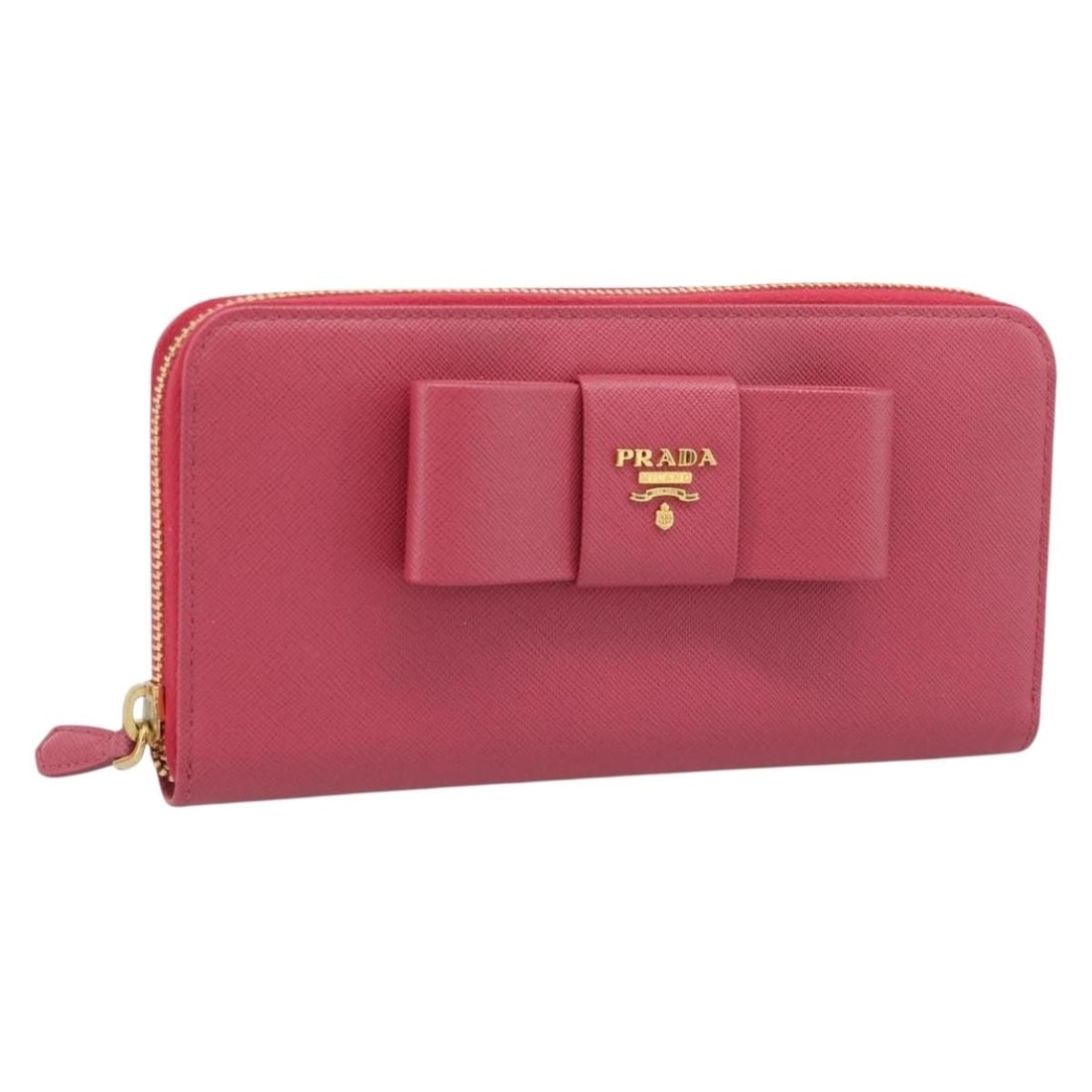 Prada Saffiano Leather Long Wallet Pink with Gold Tone Hardware: Prada Saffiano Leather Long Wallet Pink with Gold Tone Hardware Pink Prada long wallet in Saffiano leather with gold tone hardware. It comes with the item box and guarantee card, and was made in Italy