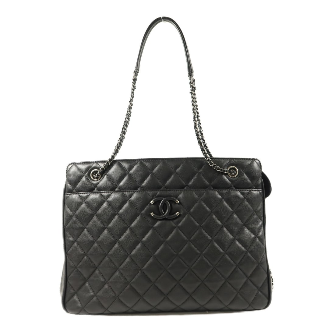 CHANEL A98551 quilted calfskin tote bag black chain frame: CHANEL A98551 quilted calfskin tote bag black chain frame A CHANEL quilted frame-in-chain tote bag crafted in black calfskin (cowhide) leather. It features a black frame color, a tote bag style, and i