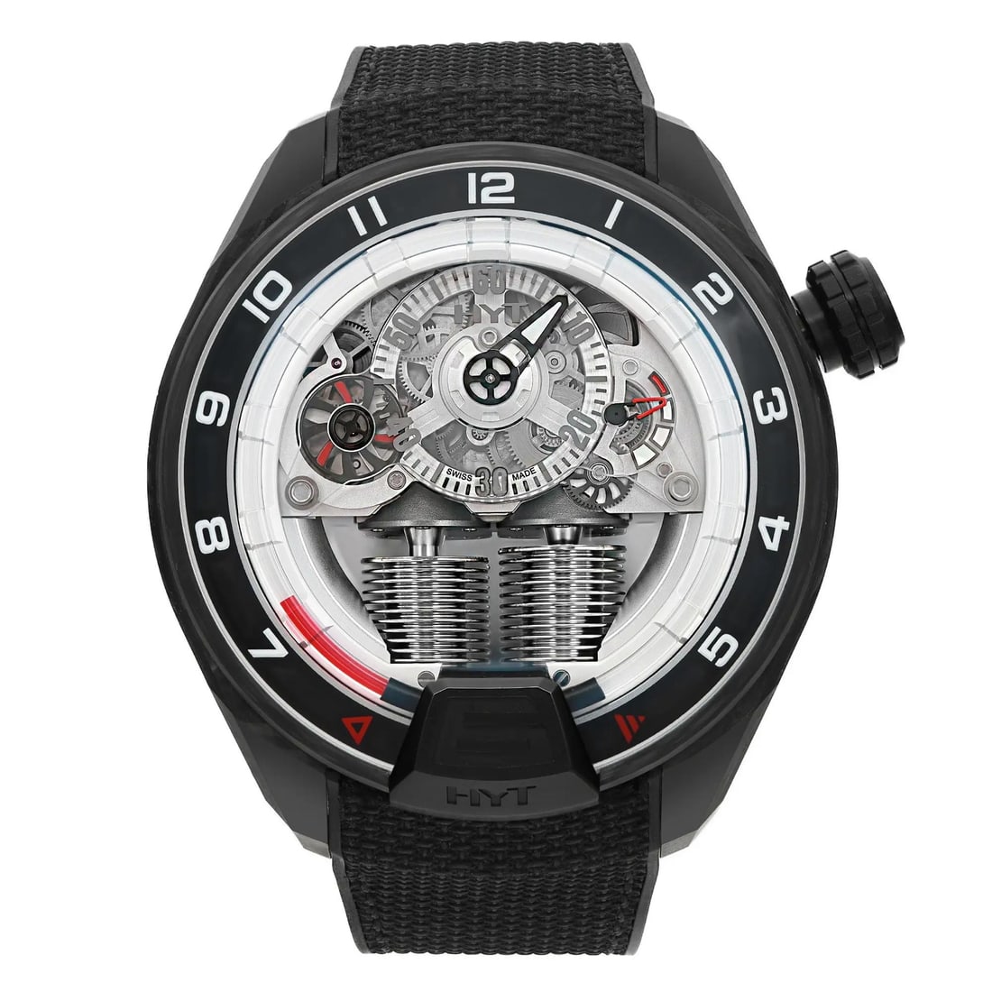 HYT H4 Gotham Carbon Silver Skeleton Dial Luxury Watch H4-CB-515020: HYT H4 Gotham Carbon Silver Skeleton Dial Luxury Watch H4-CB-515020 Discover the HYT H4 Gotham wristwatch, a luxury timepiece designed for the discerning gentleman. Featuring a striking silver skeleto