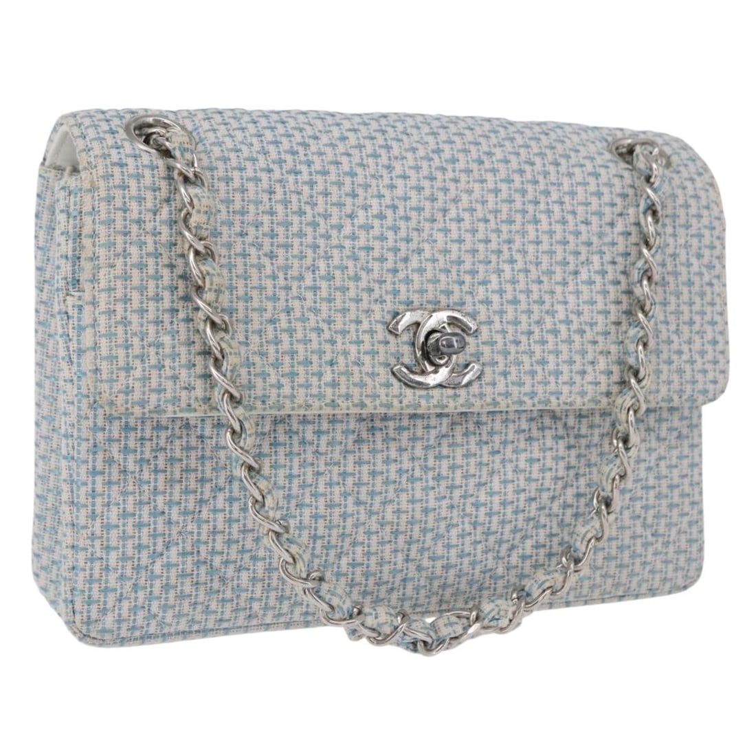 CHANEL Matelasse Canvas Shoulder Bag Light Blue Silver Dust Bag Card: CHANEL Matelasse Canvas Shoulder Bag Light Blue Silver Dust Bag Card Chanel Matelasse chain shoulder bag in light blue and silver canvas. It comes with a dust bag and guarantee card, and was made in F