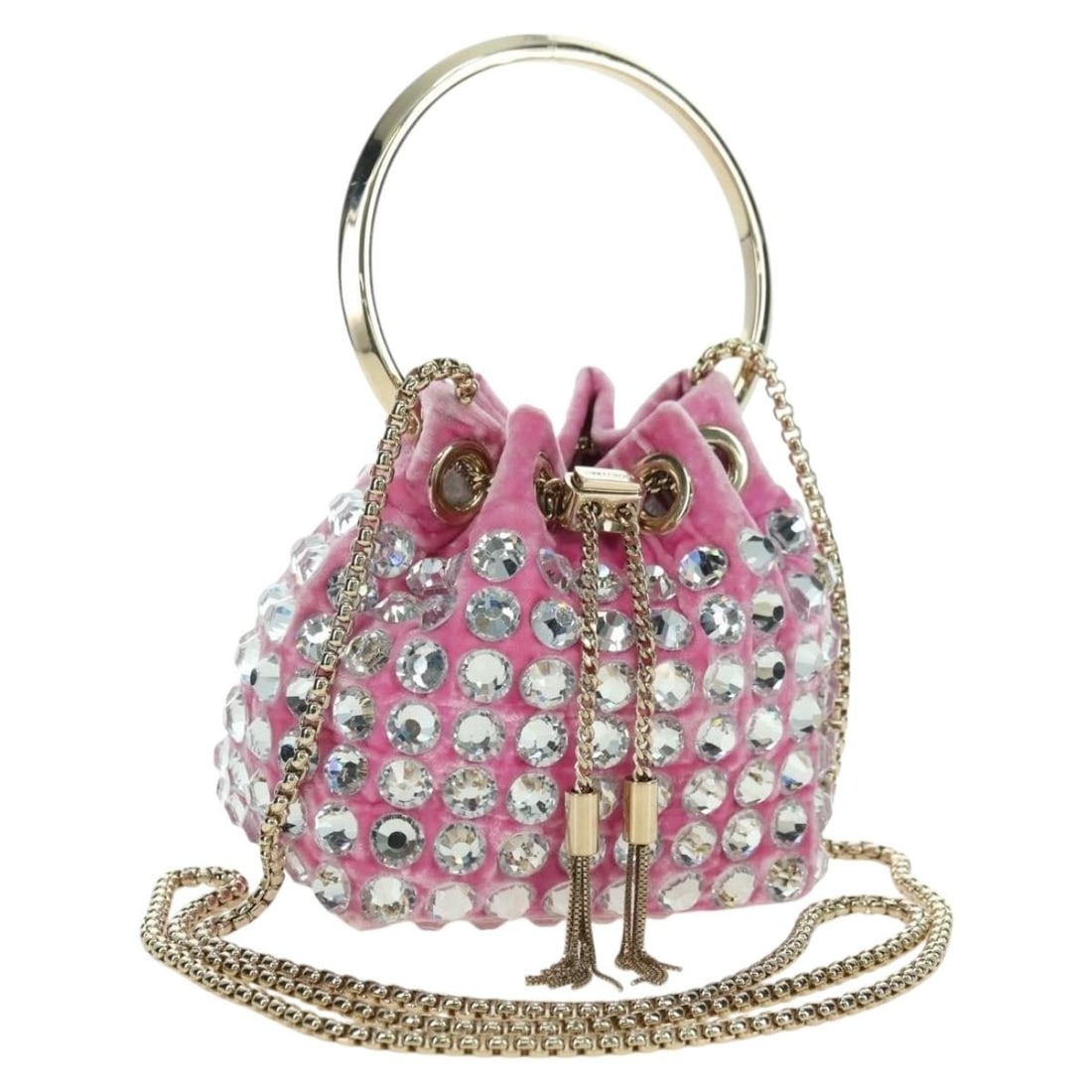 Jimmy Choo Bonbon 2way Velor Shoulder Bag Pink Gold: Jimmy Choo Bonbon 2way Velor Shoulder Bag Pink Gold Jimmy Choo Chain Bonbon shoulder bag in velor with a pink and gold colorway. This 2way women's bag is made in Italy and features a shoulder strap an