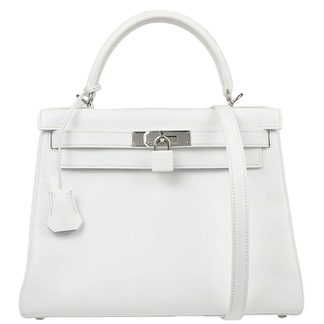 Hermes Kelly white Epsom leather handbag palladium hardware: Hermes Kelly white Epsom leather handbag palladium hardware This Hermes Kelly handbag is crafted from white Epsom leather and features palladium hardware. Designed for women, it offers a sophisticated