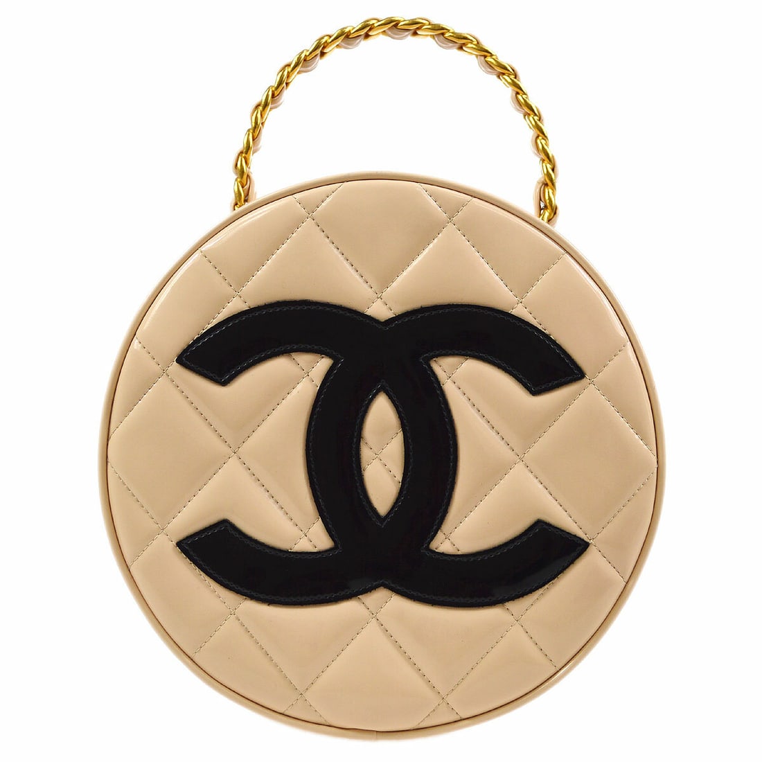 CHANEL Quilted Round Vanity Bag Beige Black Patent Leather: CHANEL Quilted Round Vanity Bag Beige Black Patent Leather Round Chanel vanity handbag in beige and black patent leather with a matelasse quilted design, top handle, zip closure, logo accents, chain s