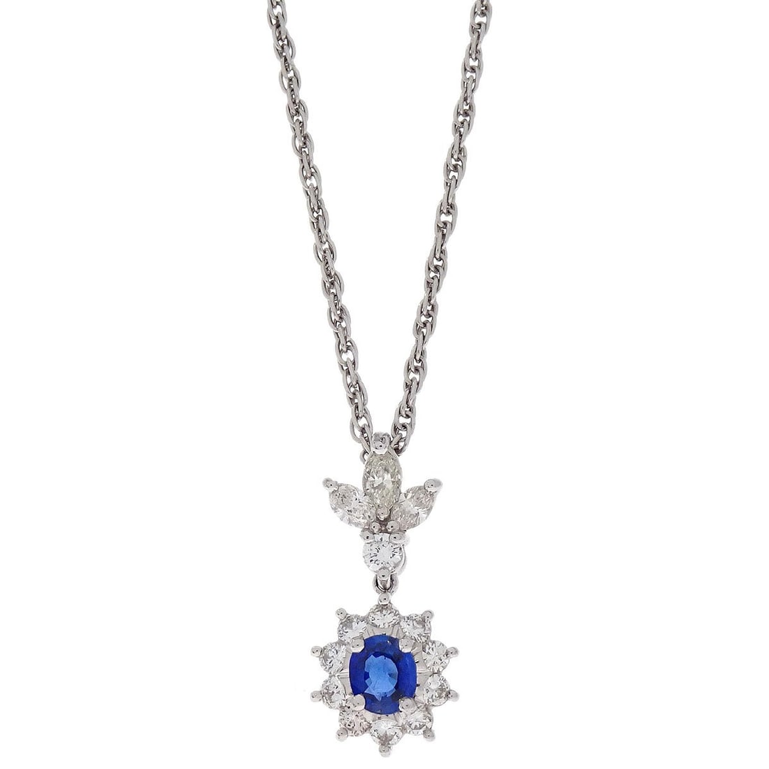 Platinum Sapphire Diamond Pendant Necklace Pt900 Pt850: Platinum Sapphire Diamond Pendant Necklace Pt900 Pt850 Platinum pendant necklace featuring a sapphire and diamond charm in silver tone. This no-brand jewelry piece is presented in very good condition 