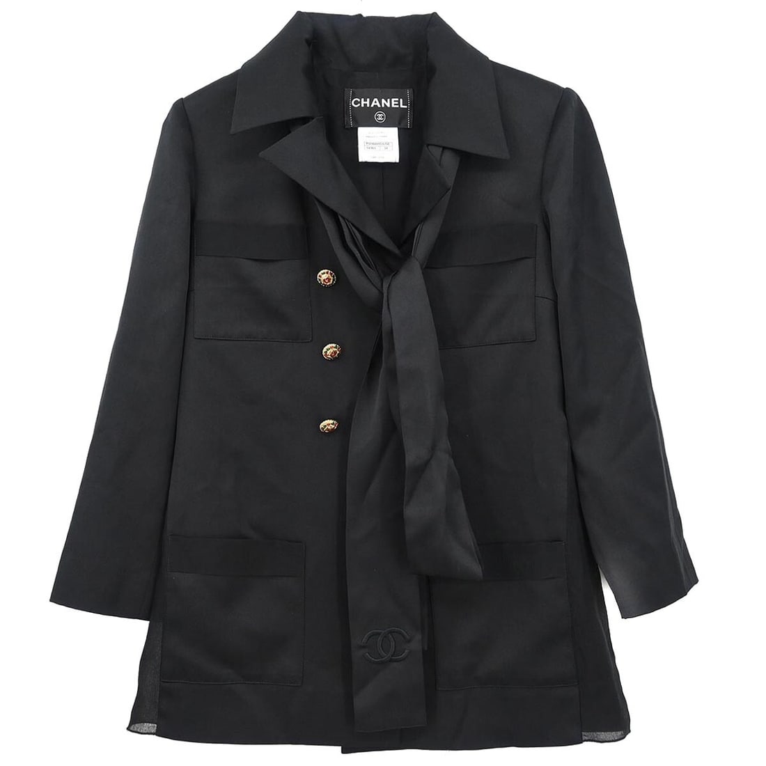 CHANEL Silk Mid Length Jacket Black Size 34 P37169W04258: CHANEL Silk Mid Length Jacket Black Size 34 P37169W04258 Vintage Chanel double-breasted jacket in black silk with a collared design, long sleeves, button closure, and four exterior pockets. This women