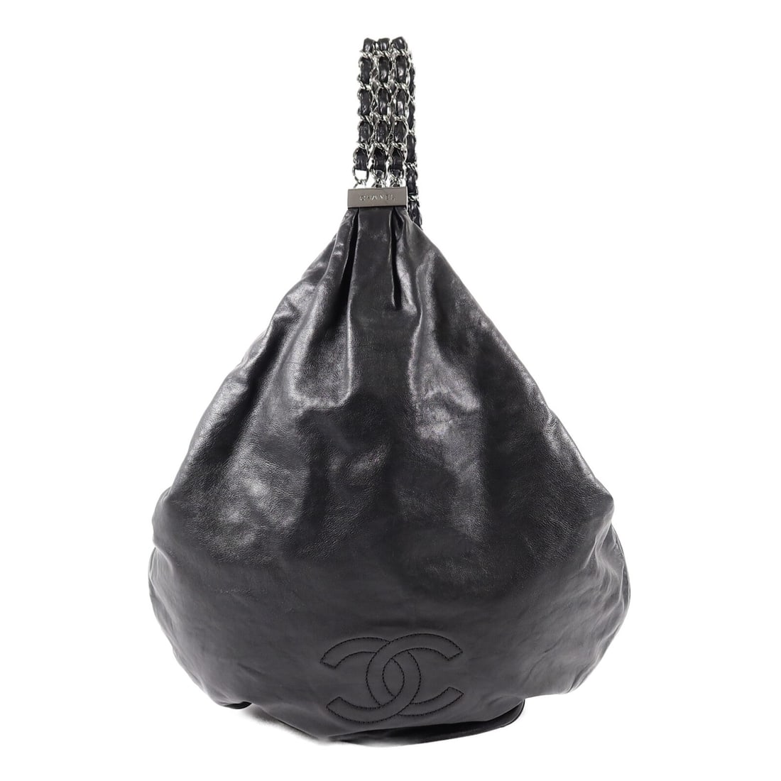 Black Calfskin Chain Shoulder Bag with CC and SHW by CHANEL: Black Calfskin Chain Shoulder Bag with CC and SHW by CHANEL Black CHANEL CC SHW chain shoulder bag crafted from calfskin (cowhide). It features a chain shoulder strap, a fastener closure, and interior