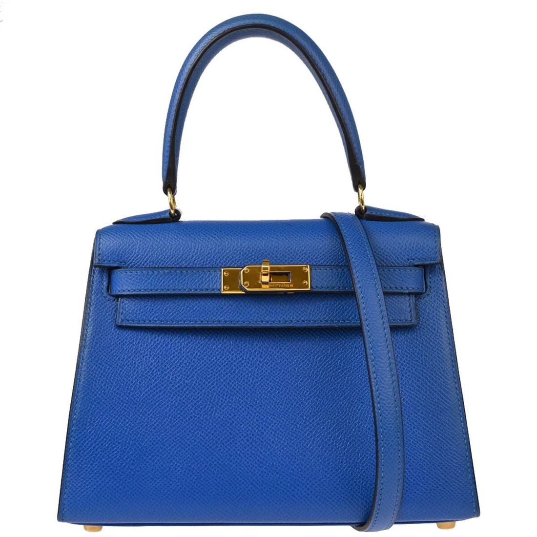 Hermes Mini Kelly 20 Blue Couchevel Leather Top Handle Bag: Hermes Mini Kelly 20 Blue Couchevel Leather Top Handle Bag Hermes Mini Kelly 20 Sellier 2-way handbag in blue Couchevel leather with a coated finish. This structured small handbag features a top handl