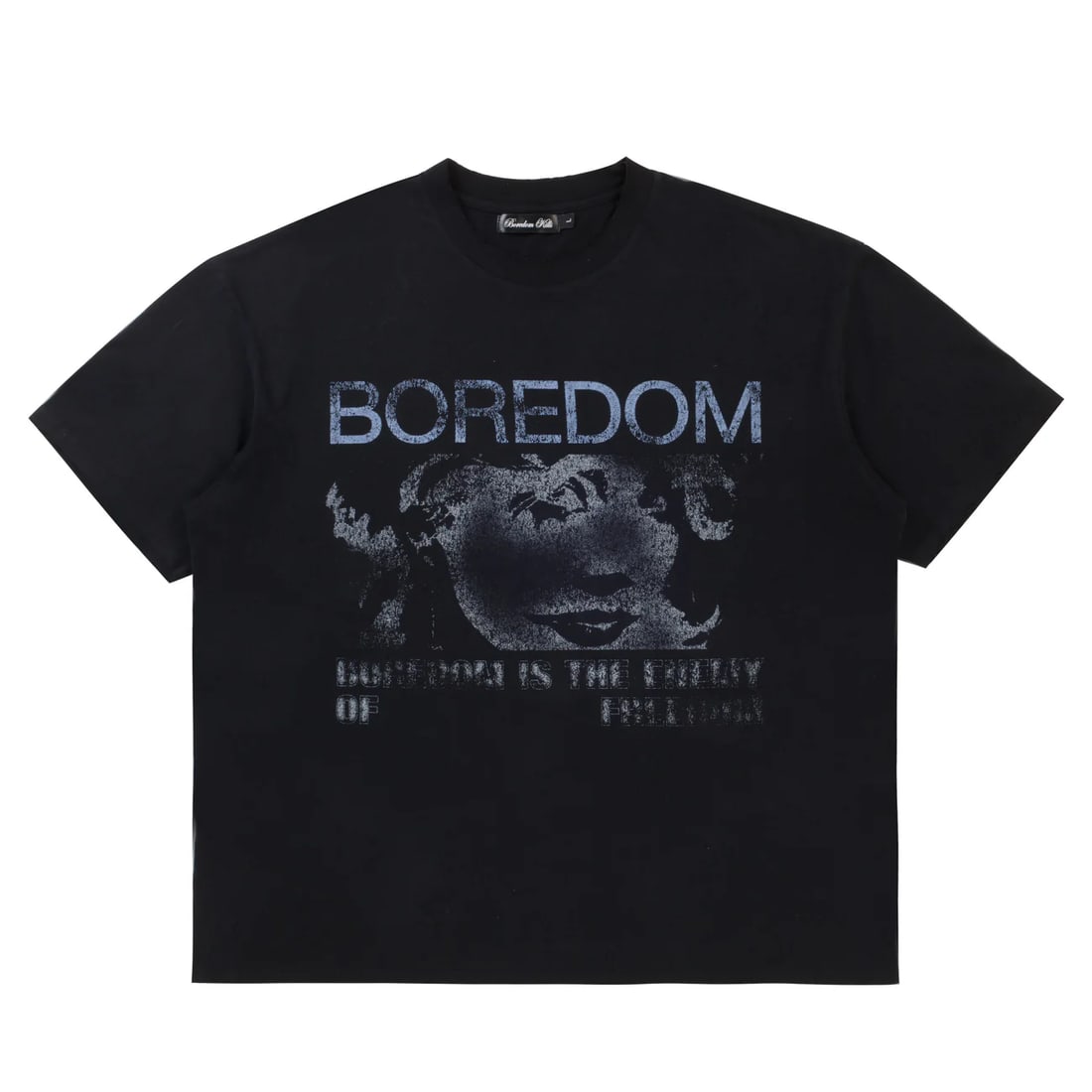 Black Cotton Tee Boredom Kills Enemy XL Unisex: Black Cotton Tee Boredom Kills Enemy XL Unisex This black t-shirt features a bold "Boredom Kills Enemy" graphic, offering a minimalist streetwear style with a rebellious edge. Made from soft, breathab