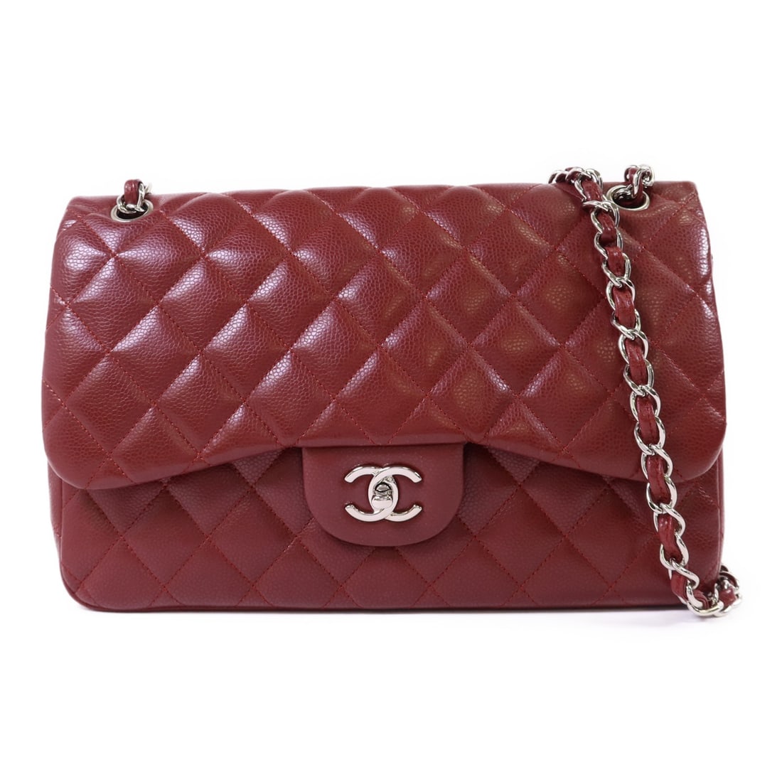 CHANEL A58600 Large Classic Shoulder Bag Red Calfskin Silver Chain: CHANEL A58600 Large Classic Shoulder Bag Red Calfskin Silver Chain A CHANEL large classic chain shoulder bag crafted in calfskin (cowhide) leather in a red and wine red colorway. The bag features a tu