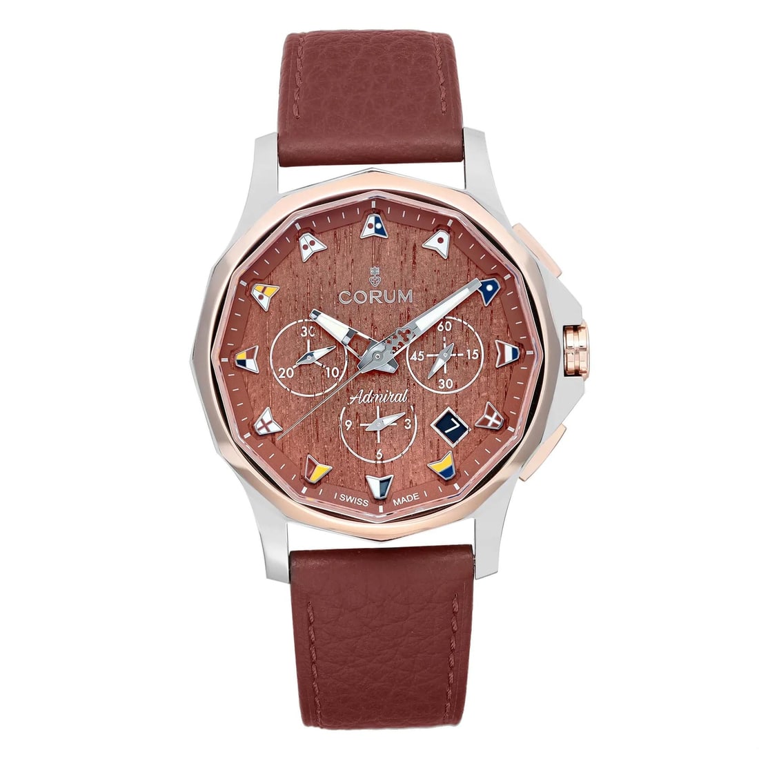 Corum Admiral's Cup Legend 42 Rose Gold Steel Brown Wood Dial Luxury Watch: Corum Admiral's Cup Legend 42 Rose Gold Steel Brown Wood Dial Luxury Watch Introducing the Corum Admiral's Cup Legend 42, a luxurious wristwatch that combines elegance with functionality. Crafted with