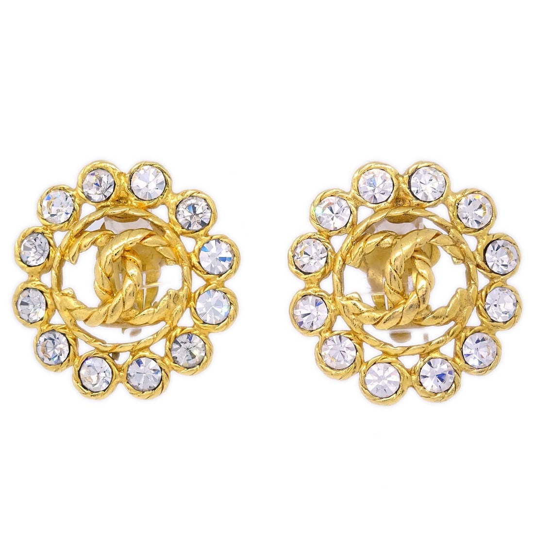 CHANEL Button Clip-On Earrings Gold Plated Rhinestone Round: CHANEL Button Clip-On Earrings Gold Plated Rhinestone Round Round Chanel button-style clip-on earrings in gold-plated metal with rhinestone detailing. Made in France, this pair comes with its box and 