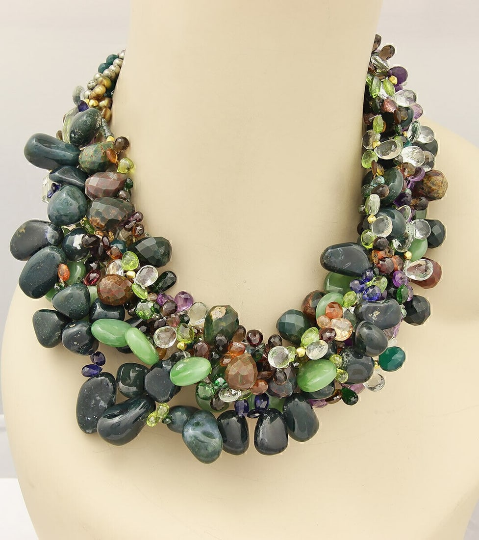 Vintage 14k Yellow Gold Multi Strand Necklace with Multicolor Gemstone Clusters: Vintage 14k Yellow Gold Multi Strand Necklace with Multicolor Gemstone Clusters Vintage/estate multi-strand gemstone cluster necklace crafted in 14k yellow gold. It features multi-color gemstone clust