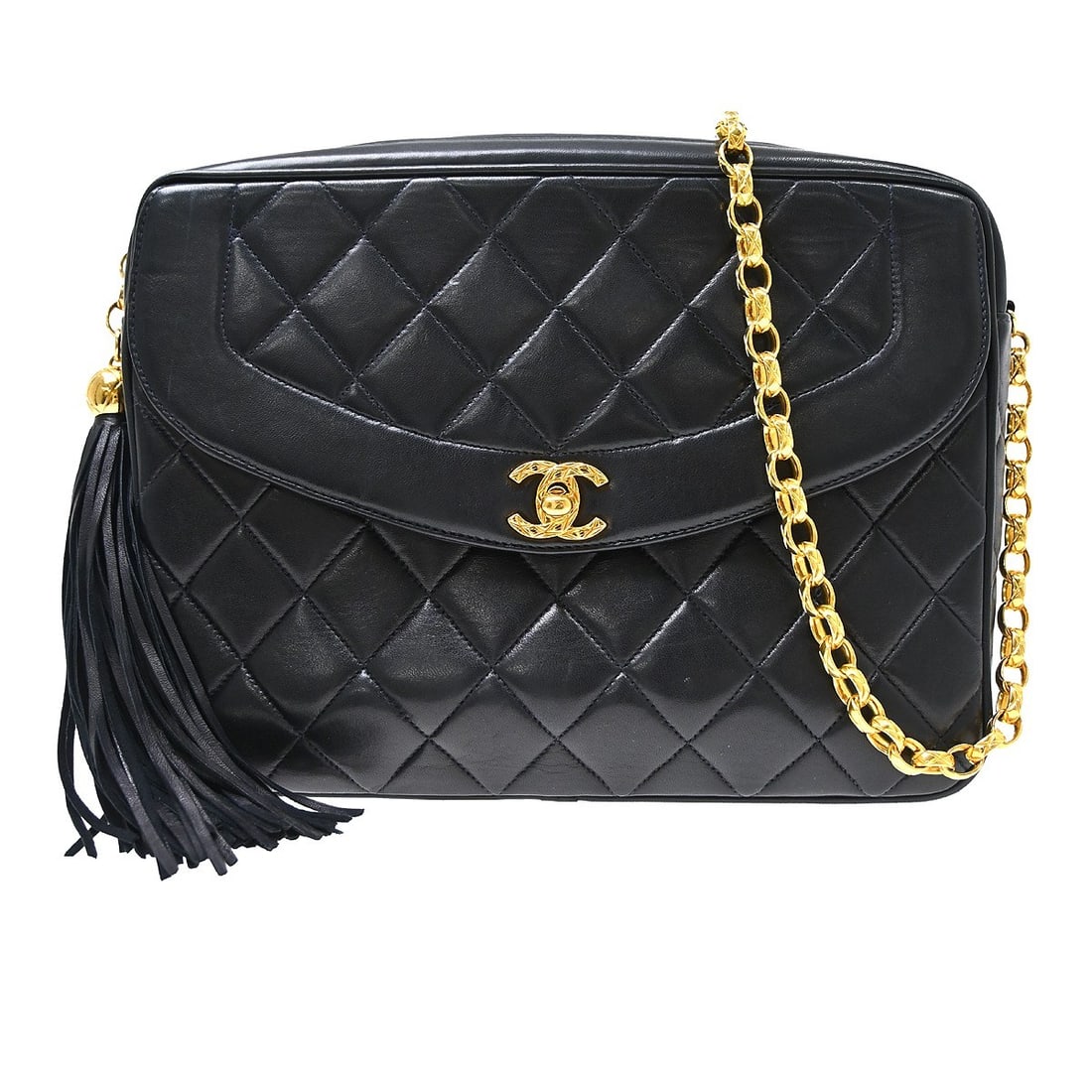 Chanel Fringe Shoulder Bag in Navy Quilted Lambskin with Bijou Chain: Chanel Fringe Shoulder Bag in Navy Quilted Lambskin with Bijou Chain A Chanel quilted fringe single Bijou chain shoulder bag in navy lambskin leather, made in France. The bag features one exterior poc
