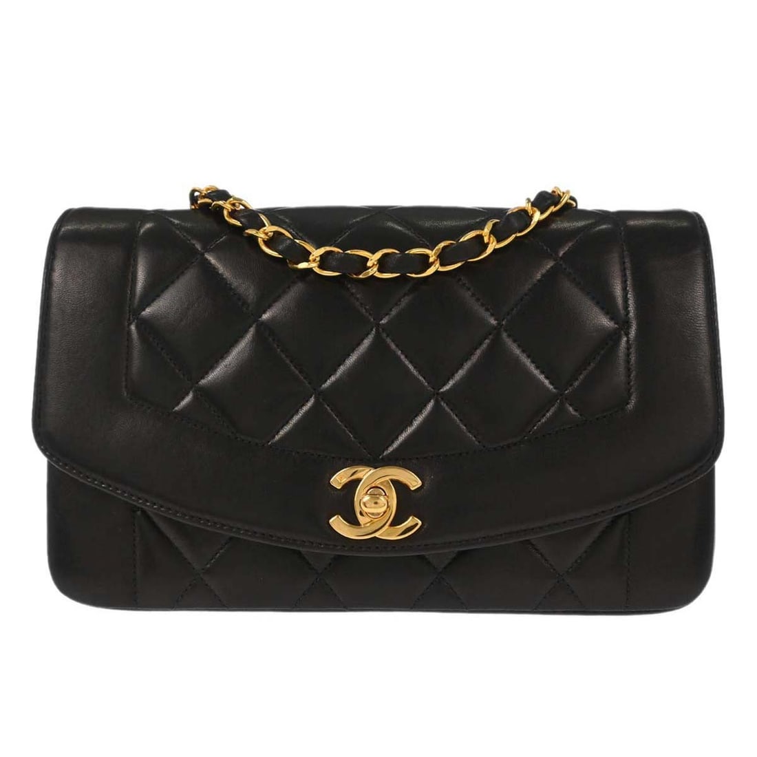 CHANEL Diana Small Shoulder Bag Black Lambskin Chain Strap: CHANEL Diana Small Shoulder Bag Black Lambskin Chain Strap Chanel Small Diana shoulder bag in black lambskin leather with a matelasse quilted finish and flap turn-lock closure. This small bag features