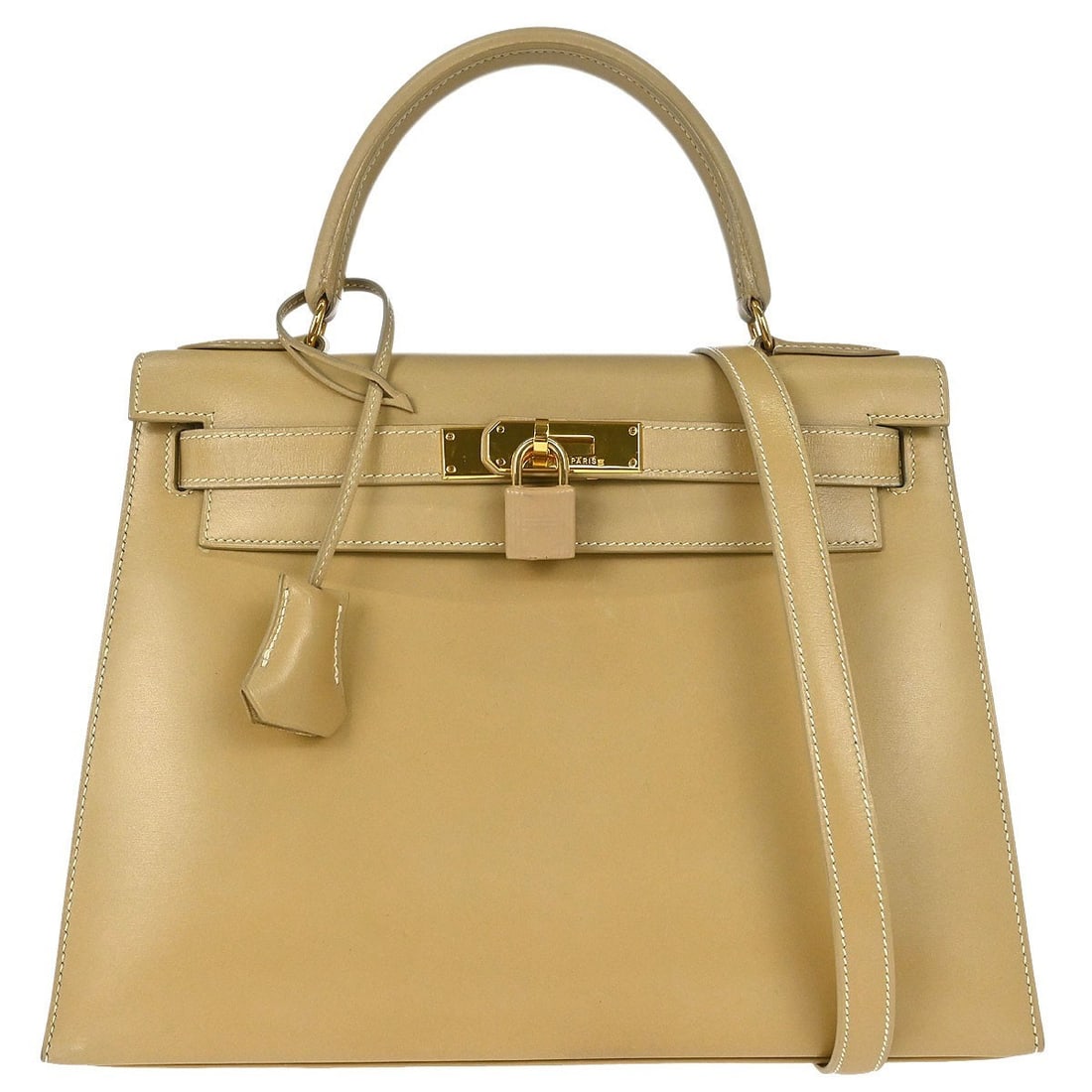 HERMES Kelly 28 Sellier Beige Box Calf 2way Satchel: HERMES Kelly 28 Sellier Beige Box Calf 2way Satchel A HERMES Kelly 28 Sellier 2way handbag in beige Box Calf leather. This medium satchel/top handle bag features a turn lock closure, top handle, and a
