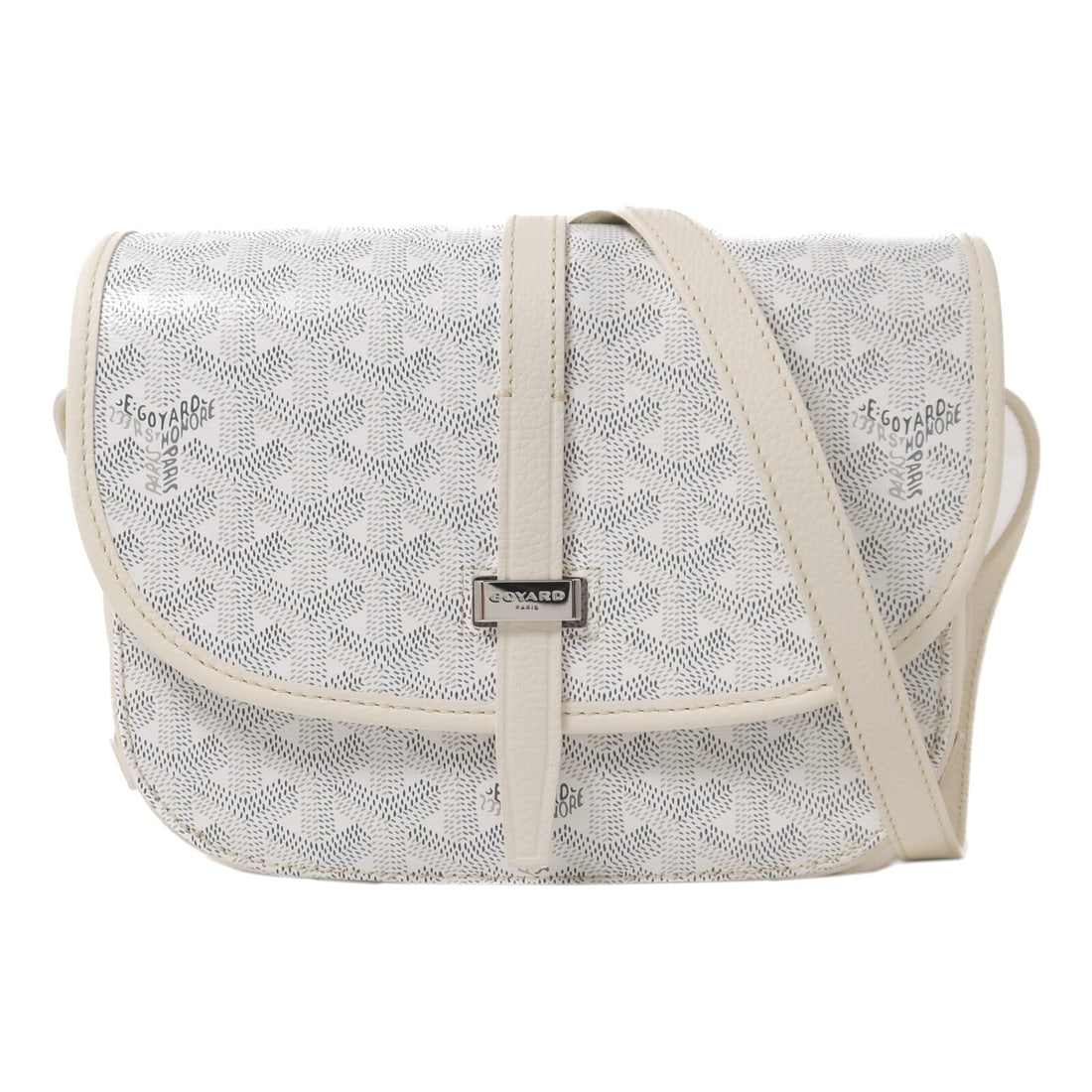 Goyard Belvedere PM White Calfskin Shoulder Bag with SHW: Goyard Belvedere PM White Calfskin Shoulder Bag with SHW A GOYARD Belvedere PM shoulder bag in white calfskin leather. It features a flap closure, one open outside pocket, and three open inside pocket