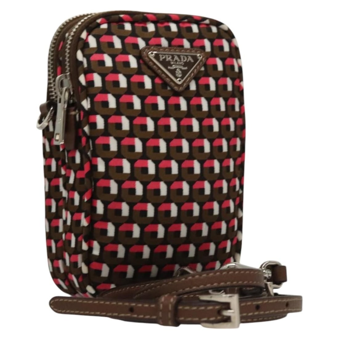 Prada BD1378V Nylon Shoulder Bag Brown Pink Silver: Prada BD1378V Nylon Shoulder Bag Brown Pink Silver A Prada shoulder bag in brown, pink, and silver, crafted from nylon and styled with leather accents. Made in Italy, it measures approximately W 9 cm 
