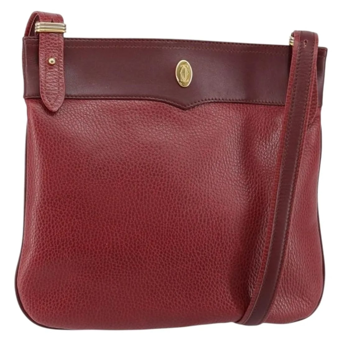 Cartier Must de Cartier Burgundy Leather Shoulder Bag: Cartier Must de Cartier Burgundy Leather Shoulder Bag This pre-owned Must de Cartier shoulder bag is crafted from burgundy leather and designed for women. It features a sleek profile and offers a clas