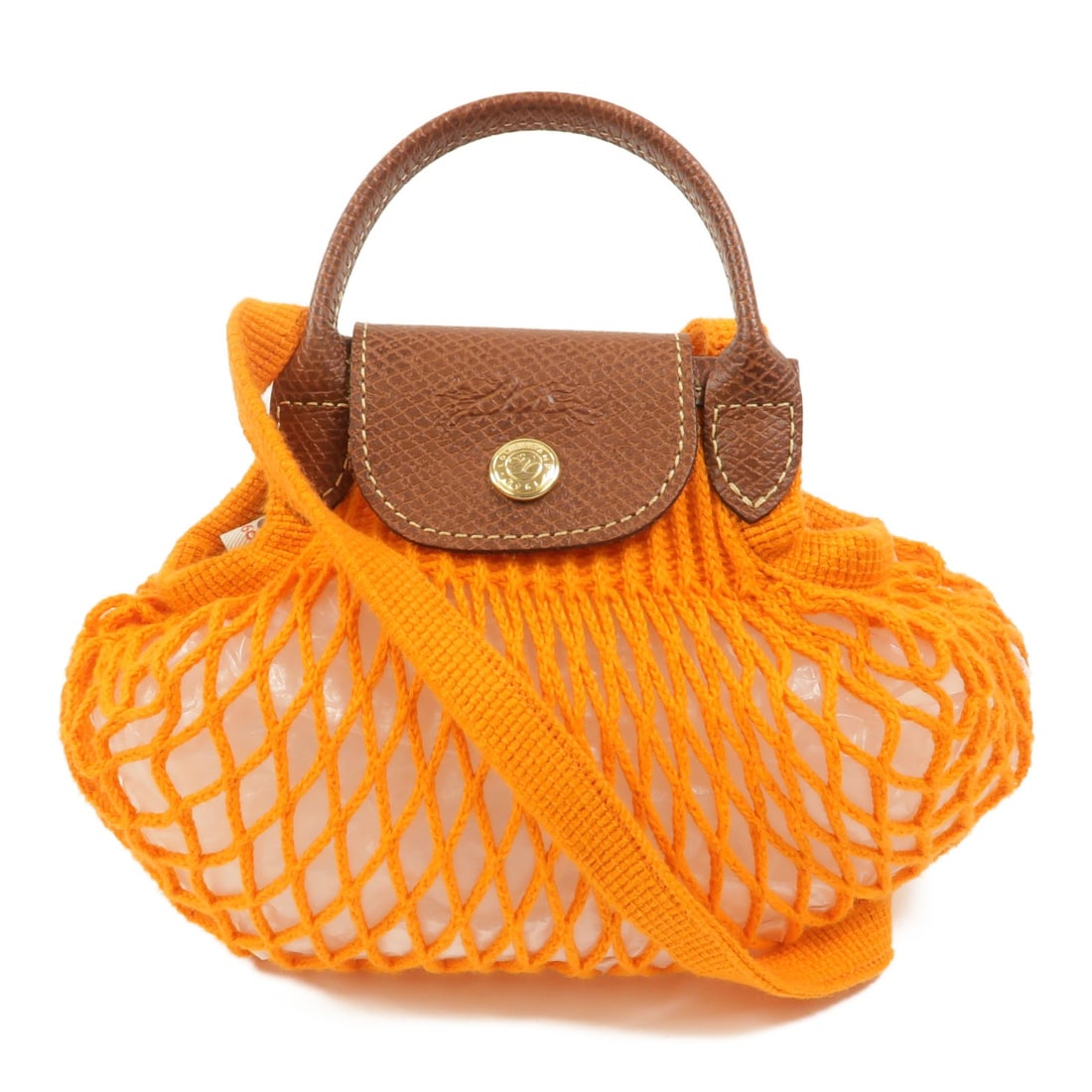 Longchamp Le Pliage Filet XS Orange Cotton Calfskin 2way Bag: Longchamp Le Pliage Filet XS Orange Cotton Calfskin 2way Bag Longchamp Le Pliage Filet XS 2-way shoulder bag in orange, made from cotton and calfskin (cowhide). It features a hook button closure and i