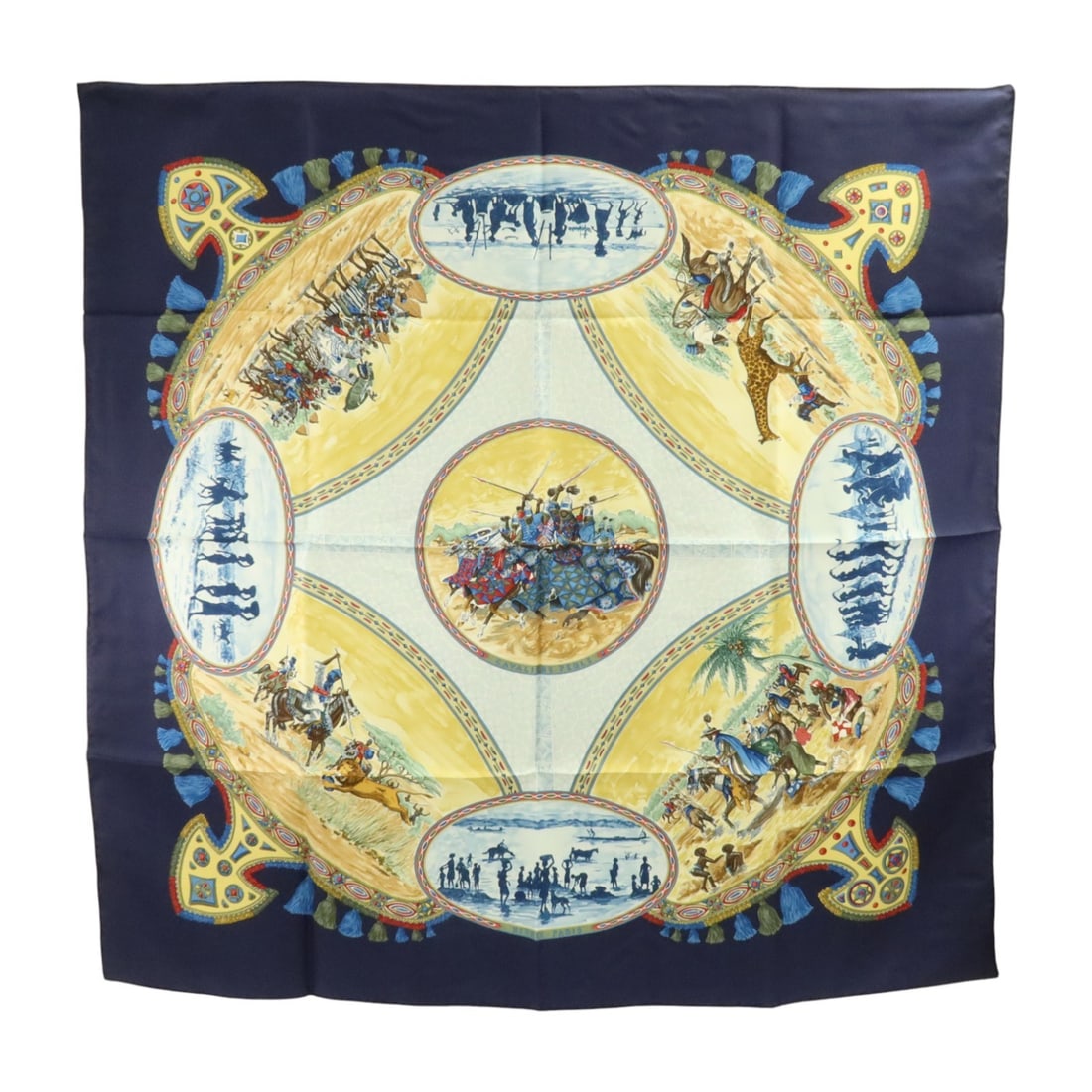 Hermes Silk Scarf 90cm x 90cm Dark Blue Multicolor: Hermes Silk Scarf 90cm x 90cm Dark Blue Multicolor Hermes 90 x 90 cm silk scarf in dark blue and multicolor. The item is described as very good condition (AB) and comes with no accessories. Specificat