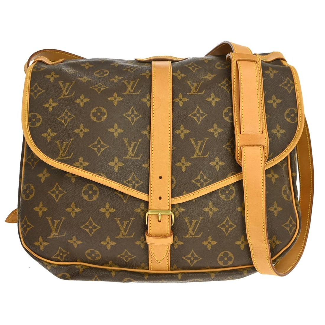 Louis Vuitton Saumur 35 Monogram Crossbody Shoulder Bag M42254: Louis Vuitton Saumur 35 Monogram Crossbody Shoulder Bag M42254 Vintage Louis Vuitton Saumur 35 messenger shoulder bag in brown Monogram canvas and leather. This unisex bag features a buckle closure, c