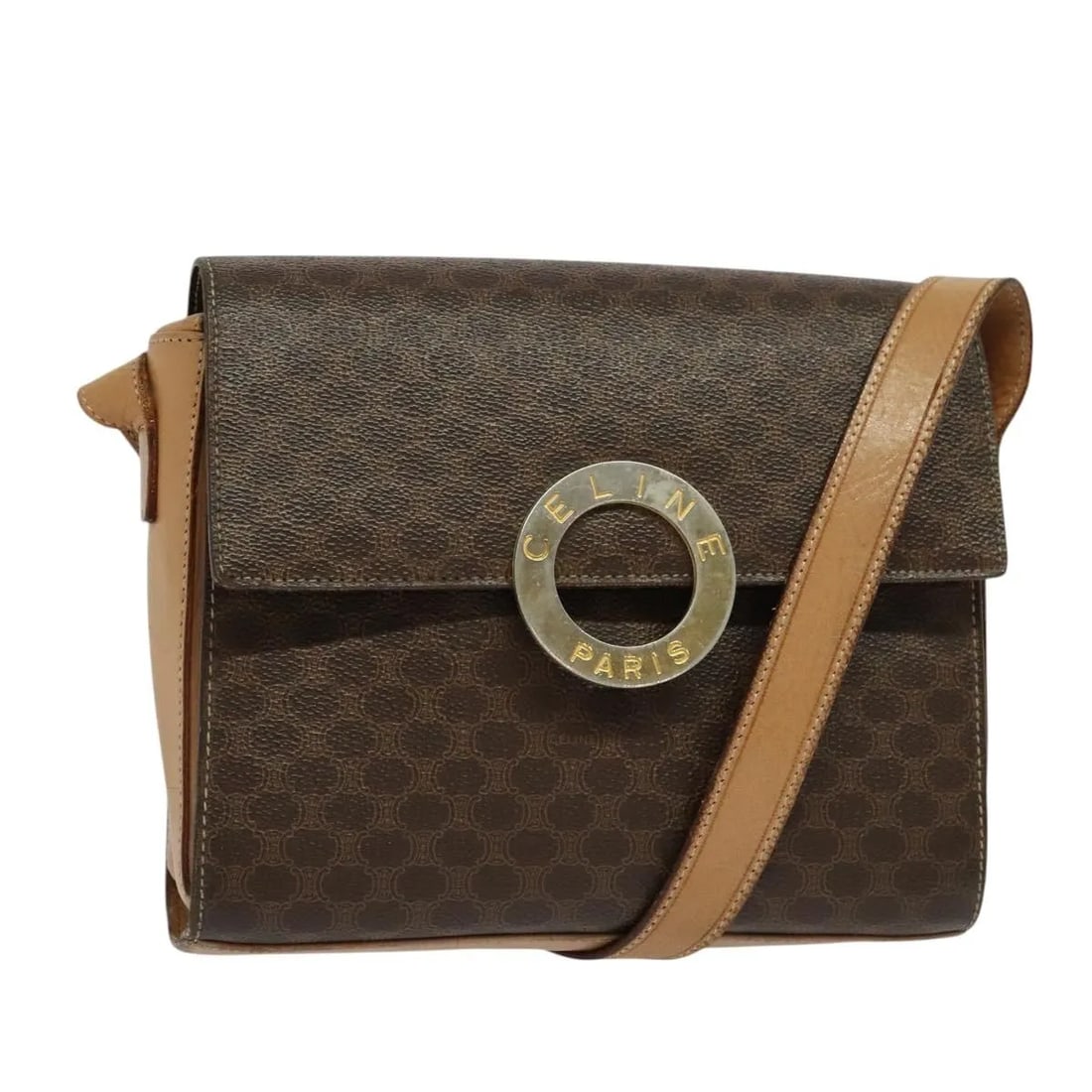 Celine Vintage Macadam Circle Logo Shoulder Bag Canvas Leather: Celine Vintage Macadam Circle Logo Shoulder Bag Canvas Leather This Celine Vintage Macadam Circle Logo Shoulder Bag features a classic brown canvas exterior complemented by leather accents. Designed f