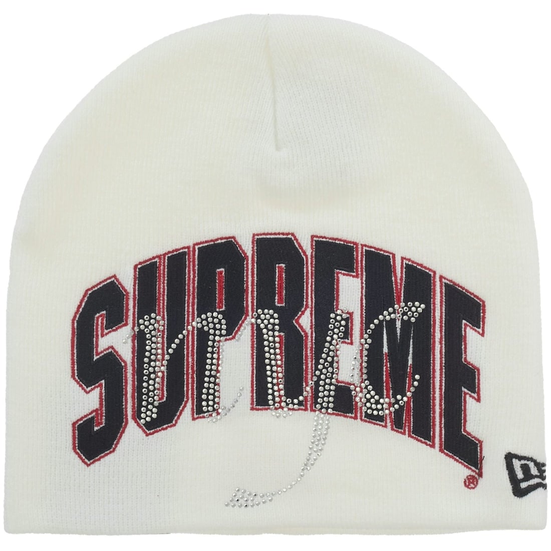 White Rhinestone Beanie Supreme New Era OS: White Rhinestone Beanie Supreme New Era OS White beanie in OS size featuring rhinestone detailing and New Era branding. The item is described as authentic and is identified as a Supreme New Era rhines