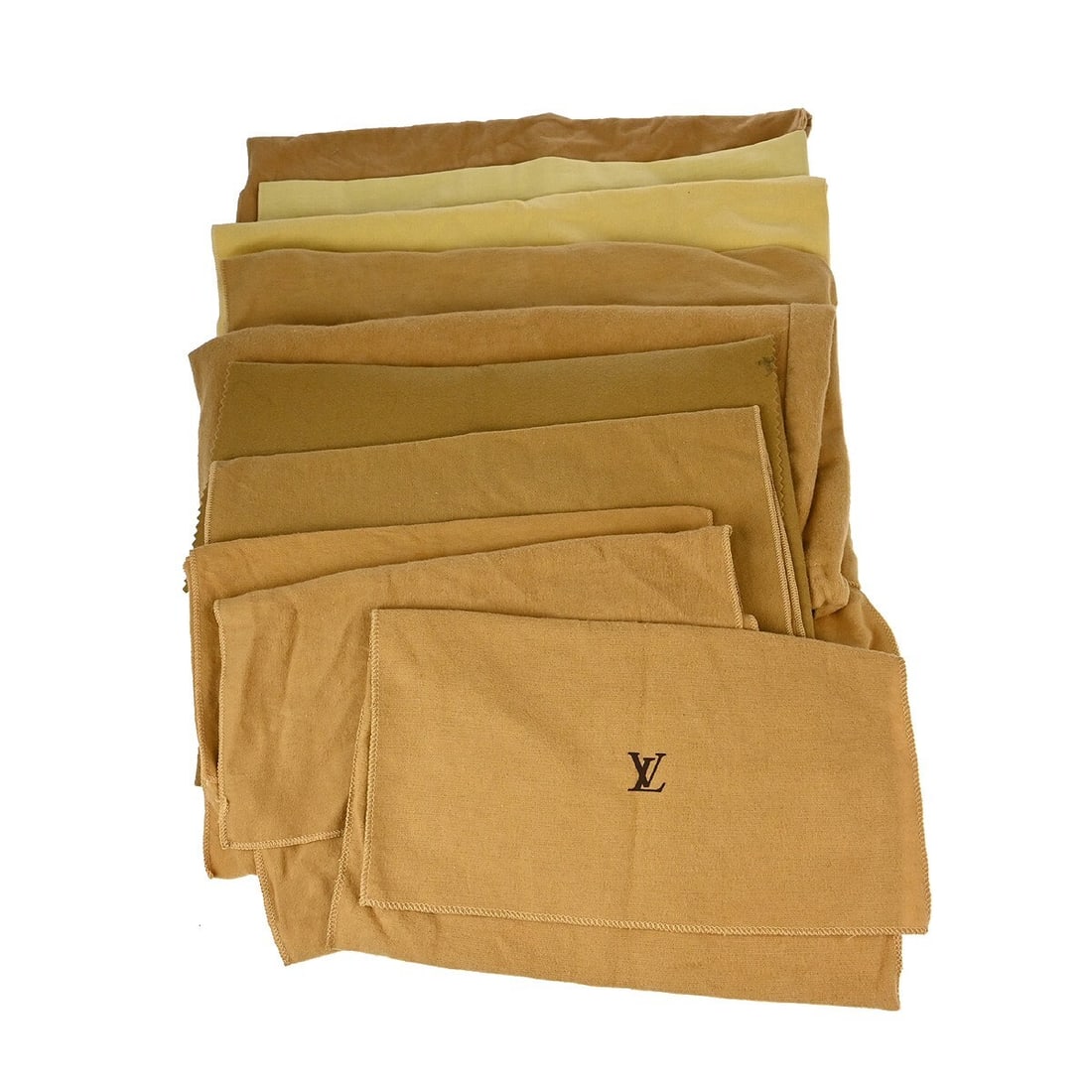 Set of 10 Louis Vuitton Cotton Dustbags Brown Beige: Set of 10 Louis Vuitton Cotton Dustbags Brown Beige Set of 10 Louis Vuitton dust bags in brown and beige cotton. These unisex dustbags show overall signs of use with reasonable wear and tear. Sizes va