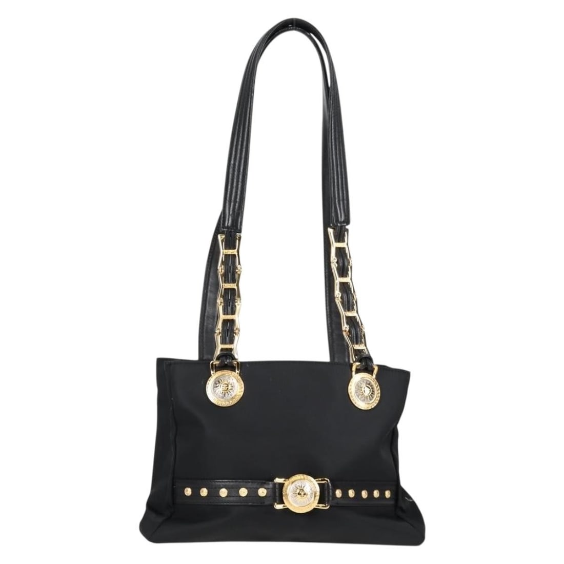 VERSACE Black Gold Nylon Chain Shoulder Bag Made in Italy: VERSACE Black Gold Nylon Chain Shoulder Bag Made in Italy Introducing the VERSACE Chain Shoulder Bag, a stylish accessory crafted from durable nylon in a striking black and gold color combination. Thi
