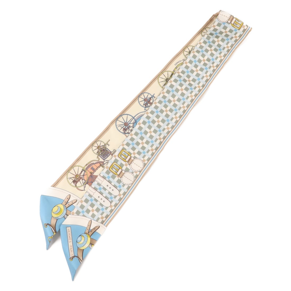 Hermes Twilly Silk Scarf Multicolor Beige Blue with Box: Hermes Twilly Silk Scarf Multicolor Beige Blue with Box Hermes Twilly scarf in multicolor with beige and blue accents, made of silk. It measures 85 cm x 5 cm (33.5 in x 2.0 in) and comes with a storag