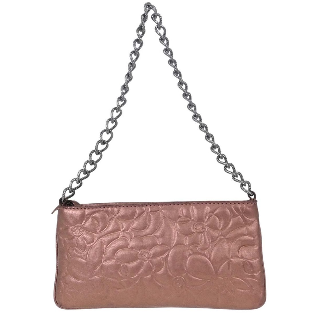 CHANEL Camellia Mini Pochette Metallic Pink Lambskin Top Handle Bag: CHANEL Camellia Mini Pochette Metallic Pink Lambskin Top Handle Bag Chanel Camellia mini pochette handbag in metallic pink lambskin with a zip closure and top handle. This small women's handbag is mad