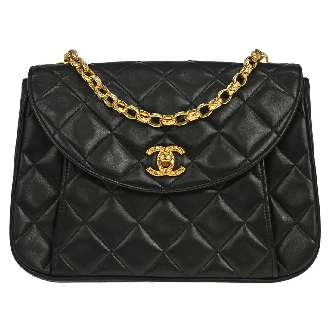 CHANEL Matelasse Small Shoulder Bag Black Lambskin Turnlock Flap: CHANEL Matelasse Small Shoulder Bag Black Lambskin Turnlock Flap Chanel black lambskin single flap shoulder bag in a small size, featuring a matelasse pattern and flap turnlock closure. The bag is mad
