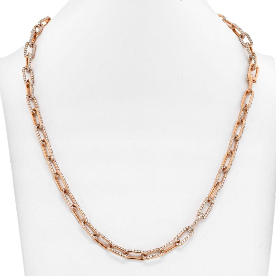 18K Rose Gold Diamond Link Necklace 21 Carats 22 Inches: 18K Rose Gold Diamond Link Necklace 21 Carats 22 Inches This stunning necklace is crafted from luxurious 18K rose gold and features a contemporary link design. Each paperclip link is beautifully accen