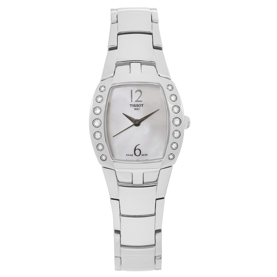 Tissot T-Lady Femini T Diamond MOP Dial Quartz Watch T0533106111200: Tissot T-Lady Femini T Diamond MOP Dial Quartz Watch T0533106111200 This elegant Tissot Femini T Steel Diamond watch features a striking Mother of Pearl dial adorned with Arabic numerals, housed in a 