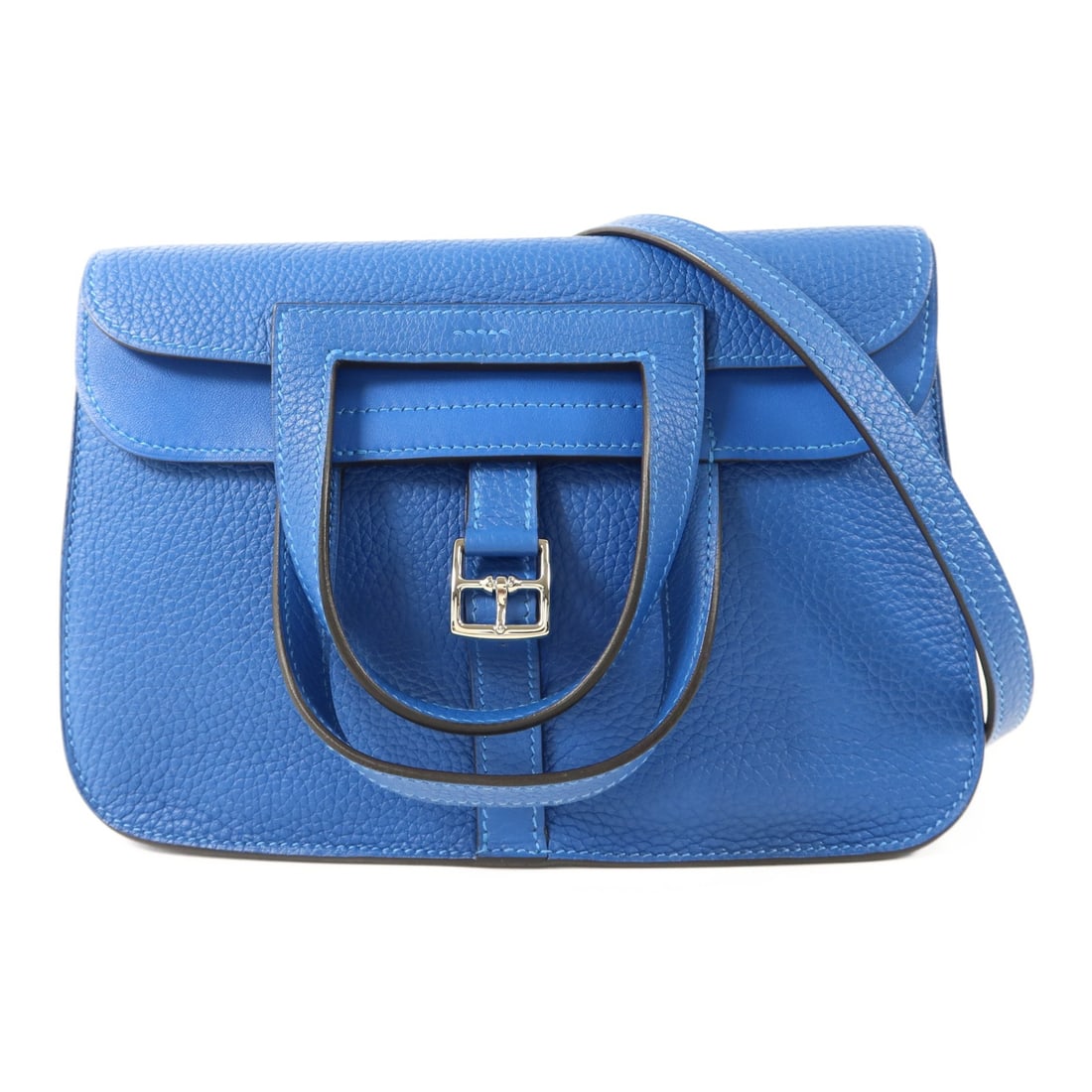 Hermes Halzan 25 Clemence Calfskin 2 Way Shoulder Handbag Blue: Hermes Halzan 25 Clemence Calfskin 2 Way Shoulder Handbag Blue Hermes Halzan 25 2way shoulder bag in Mykonos blue, crafted from Taurillon Clemence and calfskin (cowhide). It features a structured desi