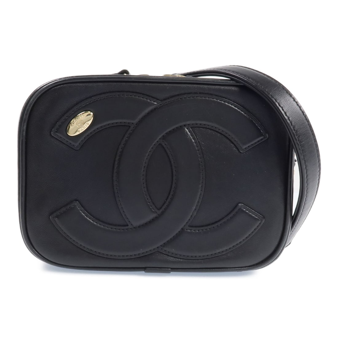 CHANEL CC Shoulder Bag Black Calfskin Leather Gold Tone Chain: CHANEL CC Shoulder Bag Black Calfskin Leather Gold Tone Chain A CHANEL shoulder bag in black calfskin (cowhide) with a CC chain detail and black frame color. It is a women's regular-size bag made in F