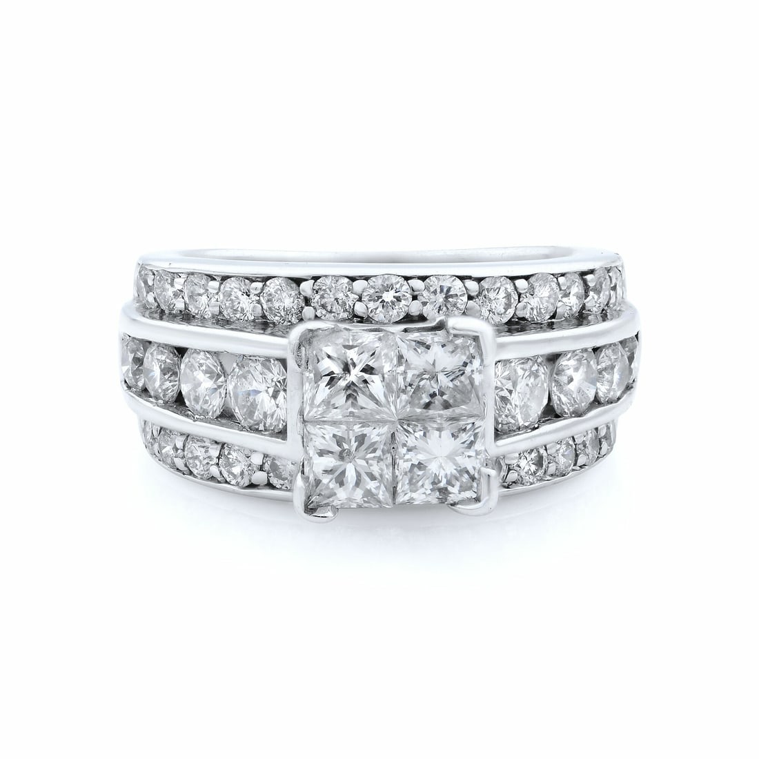 Rachel Koen 14K White Gold Princess Cut Engagement Ring 3.00Cttw Size 4.75: Rachel Koen 14K White Gold Princess Cut Engagement Ring 3.00Cttw Size 4.75 This exquisite engagement ring by Rachel Koen features a stunning design with four princess cut diamonds at the center, elega