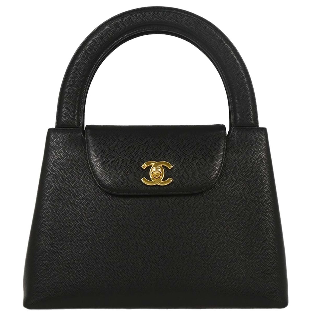 CHANEL Medium Top Handle Bag Black Leather Turn Lock: CHANEL Medium Top Handle Bag Black Leather Turn Lock Chanel black calfskin handbag with a structured top handle design and turn-lock closure. The exterior shows minor stains, and the interior has stai