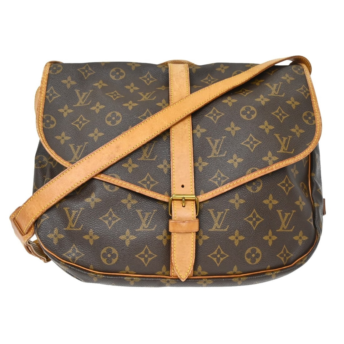 Louis Vuitton Saumur 35 Monogram Crossbody Shoulder Bag M42254: Louis Vuitton Saumur 35 Monogram Crossbody Shoulder Bag M42254 Vintage Louis Vuitton Saumur 35 messenger shoulder bag in brown Monogram canvas with leather trim and a crossbody strap. This medium bag 