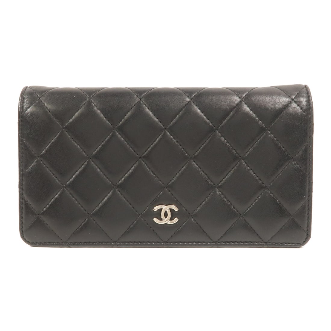 Chanel CC Lambskin Long Wallet Black Silver Tone Hardware: Chanel CC Lambskin Long Wallet Black Silver Tone Hardware A CHANEL long wallet in black lambskin leather with CC detail and silver-tone hardware. It features a flap closure and a practical interior la