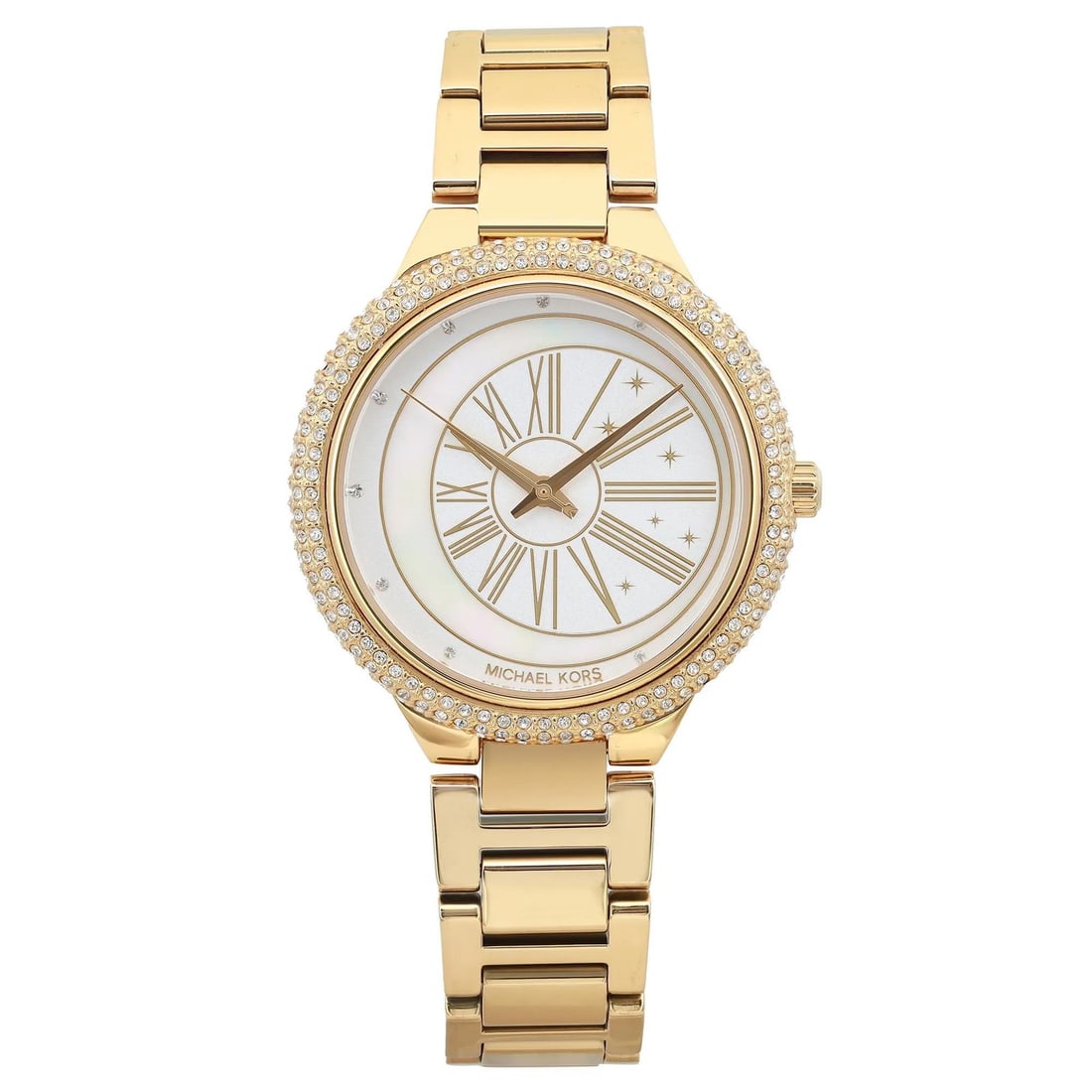 Michael Kors Taryn Womens Quartz Watch MK6550 Gold Tone Crystal Bezel: Michael Kors Taryn Womens Quartz Watch MK6550 Gold Tone Crystal Bezel Pre-owned Michael Kors Taryn ladies wristwatch with a dress/formal design. This analog watch features a white mother-of-pearl dial