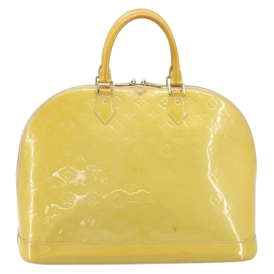 Louis Vuitton Alma Yellow Patent Leather Handbag: Louis Vuitton Alma Yellow Patent Leather Handbag This Louis Vuitton Alma handbag for women features the iconic Monogram Vernis patent leather in yellow. The bag measures 39cm x 30cm x 19cm and origina