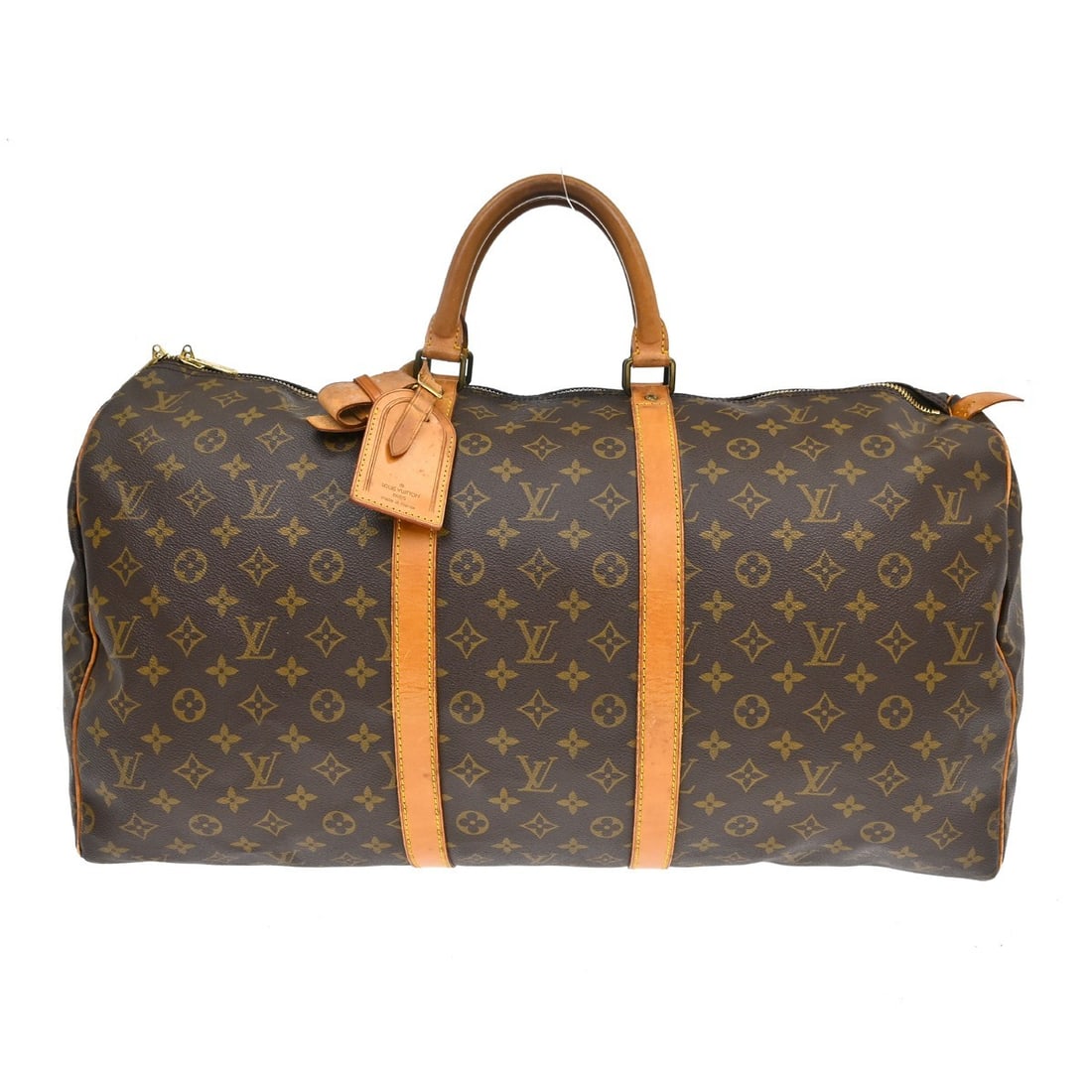 Louis Vuitton Keepall 55 Monogram Duffle Bag M41424 France: Louis Vuitton Keepall 55 Monogram Duffle Bag M41424 France Vintage Louis Vuitton Keepall 55 travel handbag in Monogram canvas with leather trim. This extra large duffle-style bag features a zip closur