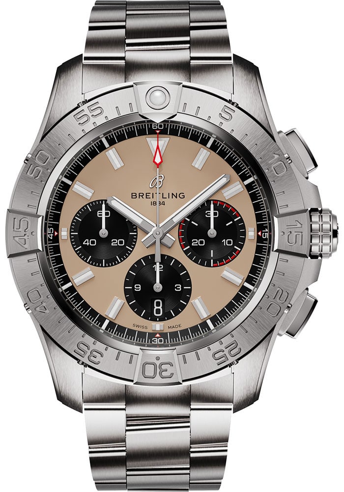 Breitling AB0147101A1A1 Avenger B01 Chronograph Mens Watch Beige Dial Card: Breitling AB0147101A1A1 Avenger B01 Chronograph Mens Watch Beige Dial Card Breitling Avenger B01 Chronograph for men with a beige dial and rotating bezel, presented on a bracelet. The listing includes