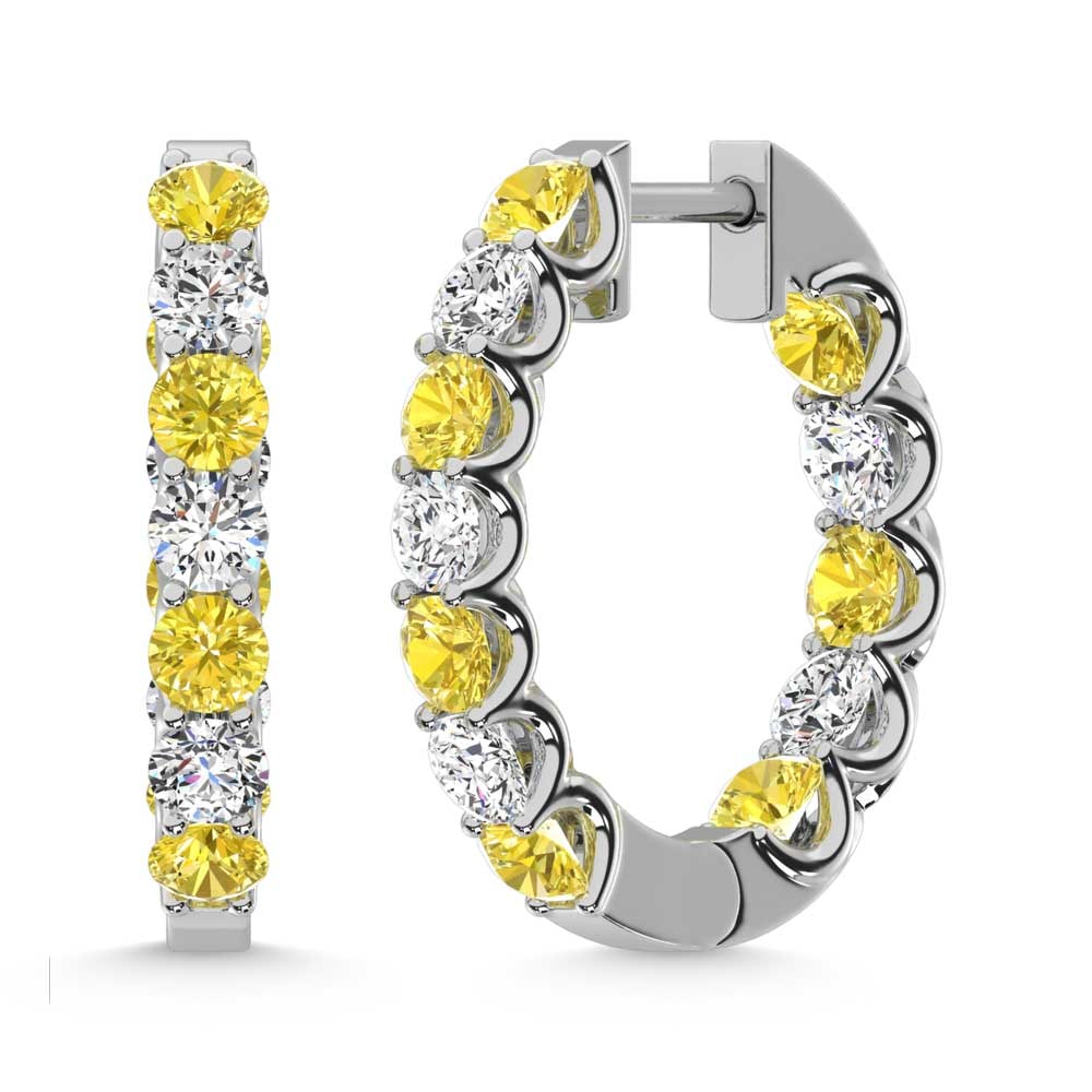 14K White Gold 3 Ct.Tw. Alternate White and Yellow Lab Grown Diamond Hoop Earrings: 14K White Gold 3 Ct.Tw. Alternate White and Yellow Lab Grown Diamond Hoop Earrings A refined expression of luxury, these 14K white gold hoop earrings feature 3.00 Ct.Tw. of white and yellow lab grown 