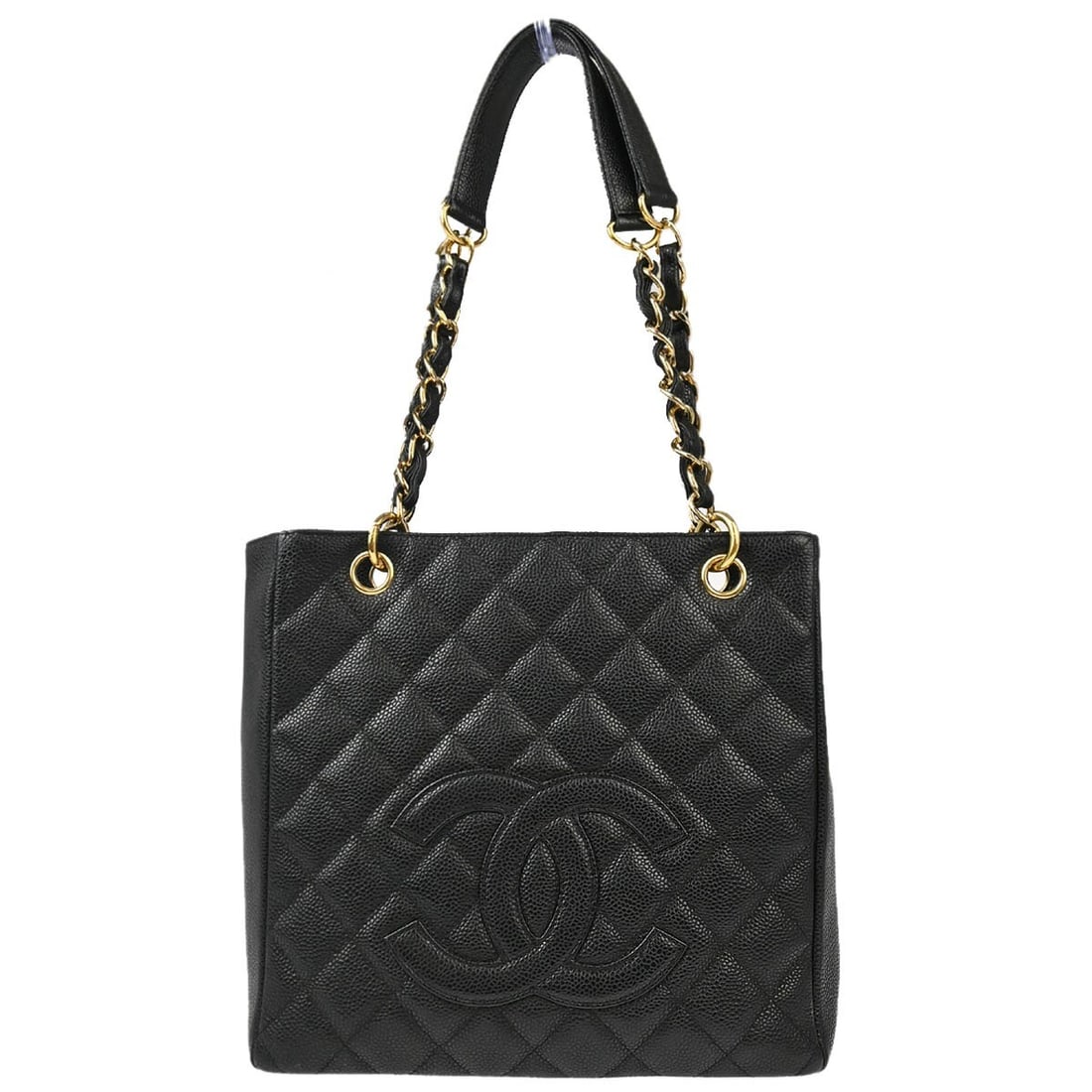 Chanel PST Petite Shopping Tote Black Caviar Leather Chain Bag: Chanel PST Petite Shopping Tote Black Caviar Leather Chain Bag Chanel Petite Shopping Tote PST chain handbag in black caviar skin leather with a quilted design and magnetic closure. This medium tote f