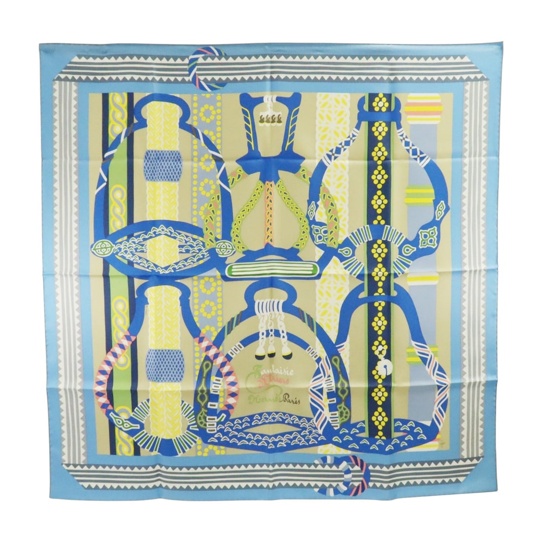 Hermes Silk Scarf 90cm x 90cm Blue Yellow Multicolor: Hermes Silk Scarf 90cm x 90cm Blue Yellow Multicolor A Hermes 90 x 90 cm silk scarf in blue, yellow, and multicolor. It comes with a storage box and is described as being in AB very good condition. Sp