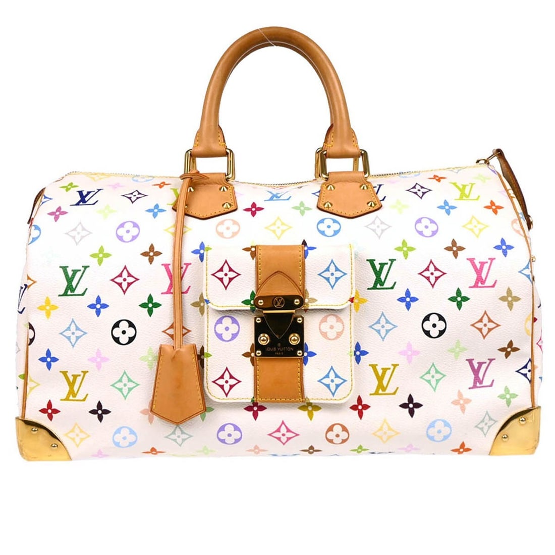 Louis Vuitton Speedy 40 White Monogram Multicolor Hand Bag M93216: Louis Vuitton Speedy 40 White Monogram Multicolor Hand Bag M93216 Louis Vuitton Speedy 40 handbag in white Monogram Multicolor canvas with leather trim. This women's handbag features double handles, a