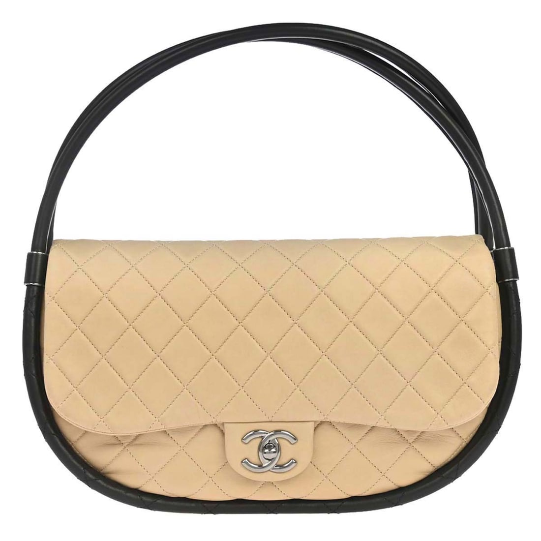 CHANEL Hula Hoop Large Top Handle Bag Beige Black Lambskin: CHANEL Hula Hoop Large Top Handle Bag Beige Black Lambskin Chanel Hula Hoop large handbag in beige and black lambskin leather, designed as a top handle bag with a quilted matelasse pattern. It feature