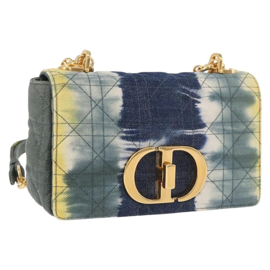 Christian Dior Miss Caro Cannage Shoulder Bag Navy Canvas: Christian Dior Miss Caro Cannage Shoulder Bag Navy Canvas Christian Dior Cannage Miss Caro Chain Bag in navy and gold canvas, presented as a shoulder bag for women. It measures approximately 20 cm wid